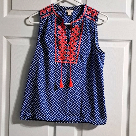 J. Crew Tops - J Crew Sleeveless Blue and White Top with Embroidered Pattern